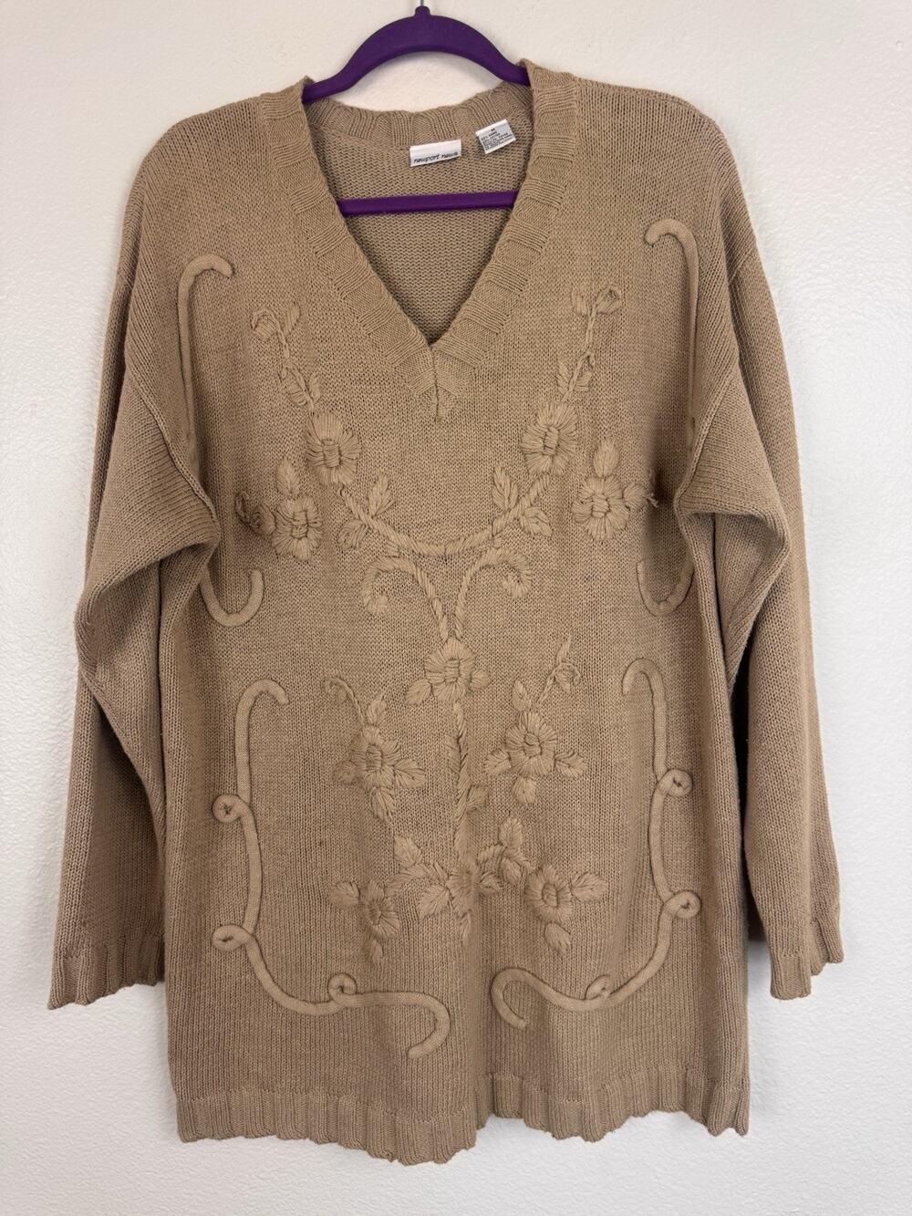 Vintage Newport News Embroidered 90s Mom Knit Tunic Sweater Cottagecore Tan M - Picture 1 of 16